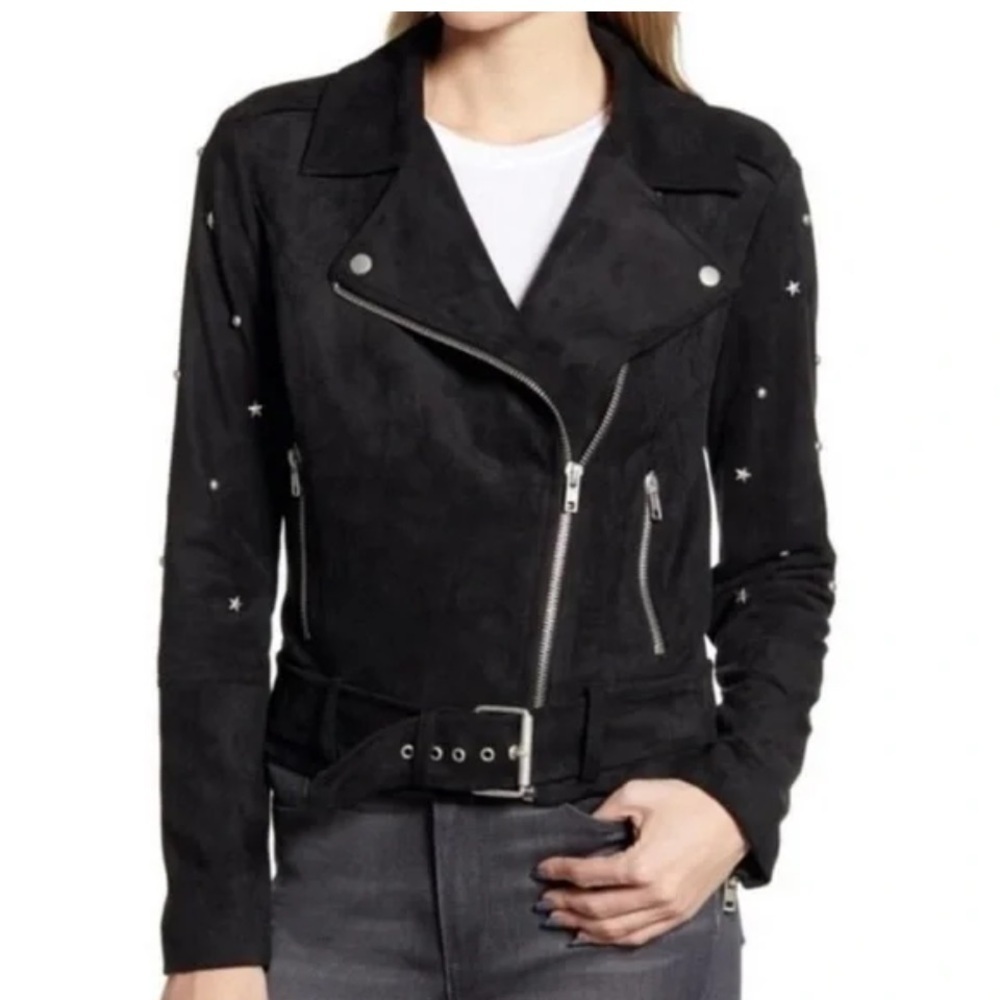 BB Dakota Love Walks In Black Faux Suede Moto Star Studded Belted Jacket